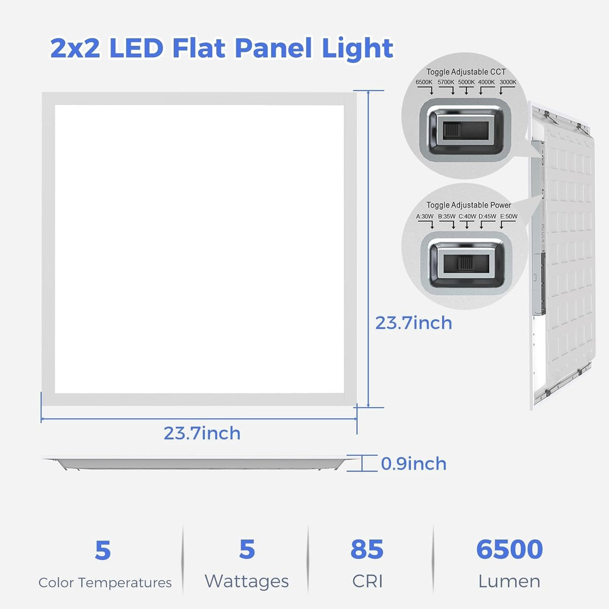 8 Pack 2x2 LED Flat Panel Light, Dimmable Lay-in Recessed for Drop Ceiling Light, 6500LM, 120-277V, 30-50W Selectable, 5 CCT (3000K-6500K)