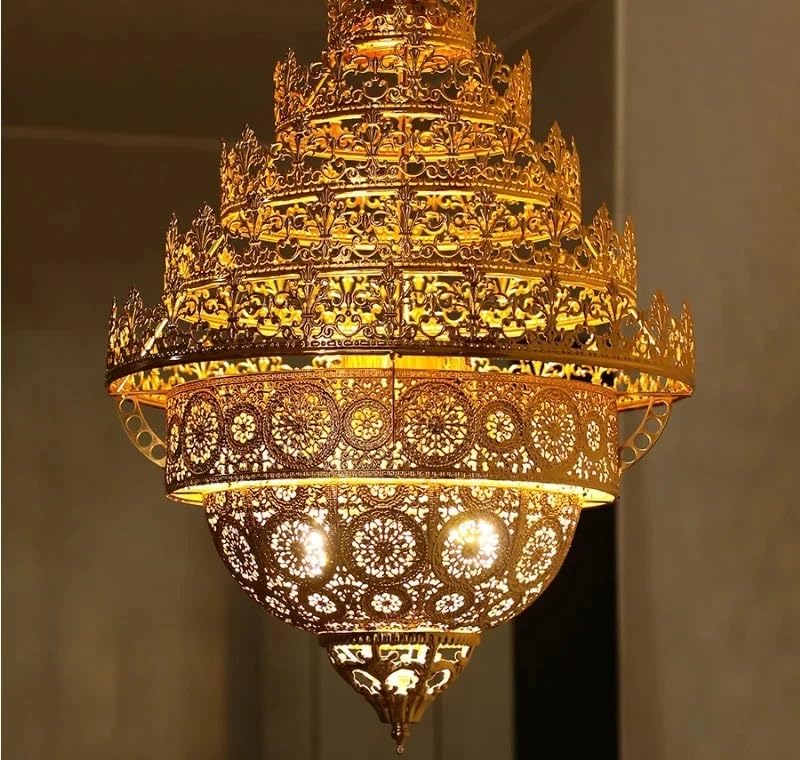 Pendant Lights, Classical Flame Pendant Light LED Zen Art Gold Lustre Hollow Carved Moroccan Lamp Hotel Buddha Hall Loft Restaurant(D80 H90CM)