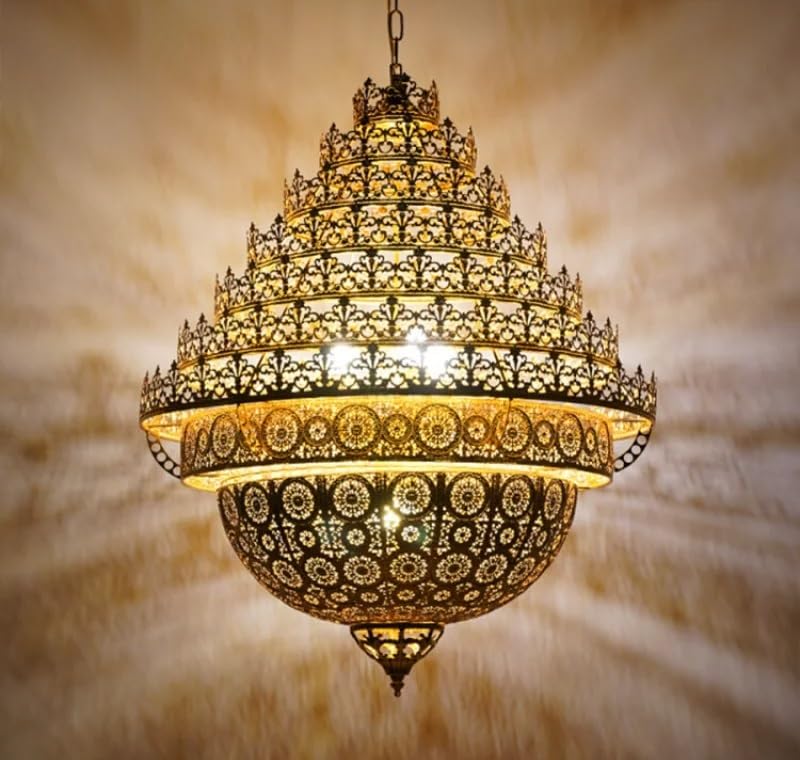 Pendant Lights, Classical Flame Pendant Light LED Zen Art Gold Lustre Hollow Carved Moroccan Lamp Hotel Buddha Hall Loft Restaurant(D80 H90CM)