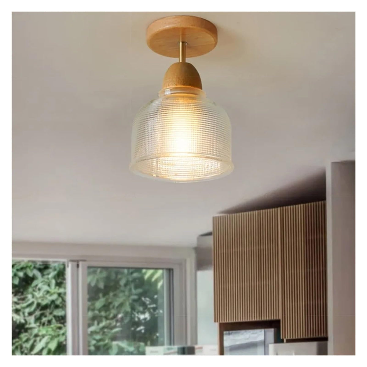 Wooden Ceiling Light Single Head Translucent Glass Lamps Compatible with Residential Entrance Door Balcony Hallway Aisle Illumination