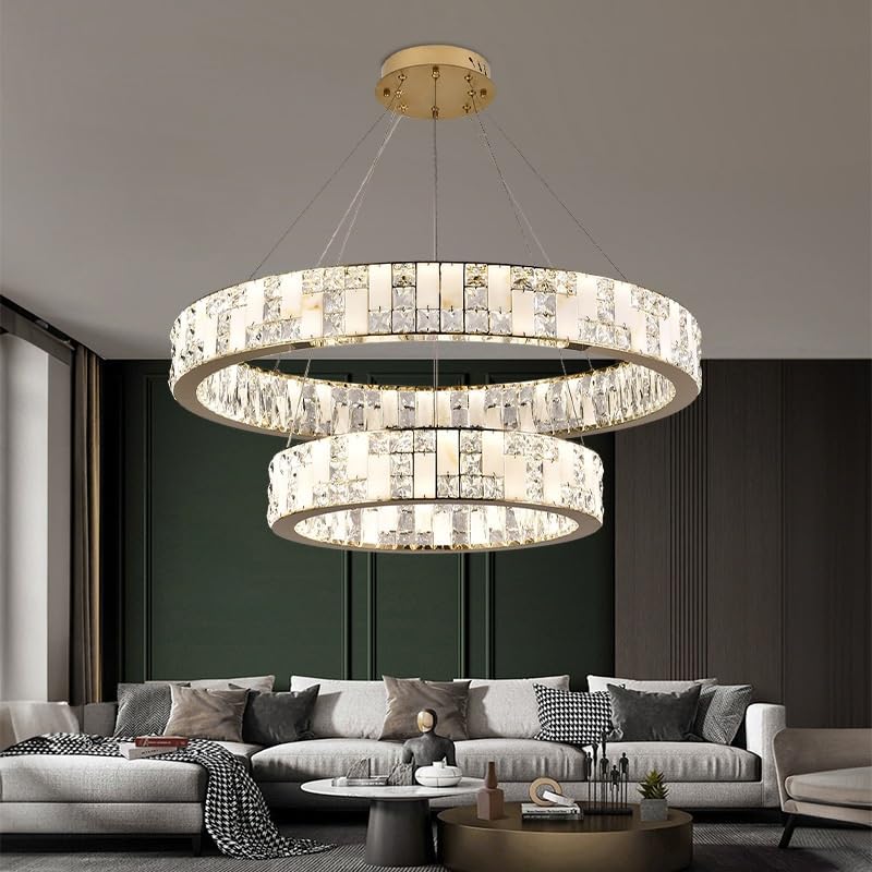 Modern Luxury Led Pendant Light with Snow Flake Print Suitable for Living Room Dining Crystal Lamp(2 Ring,Neutral Light)