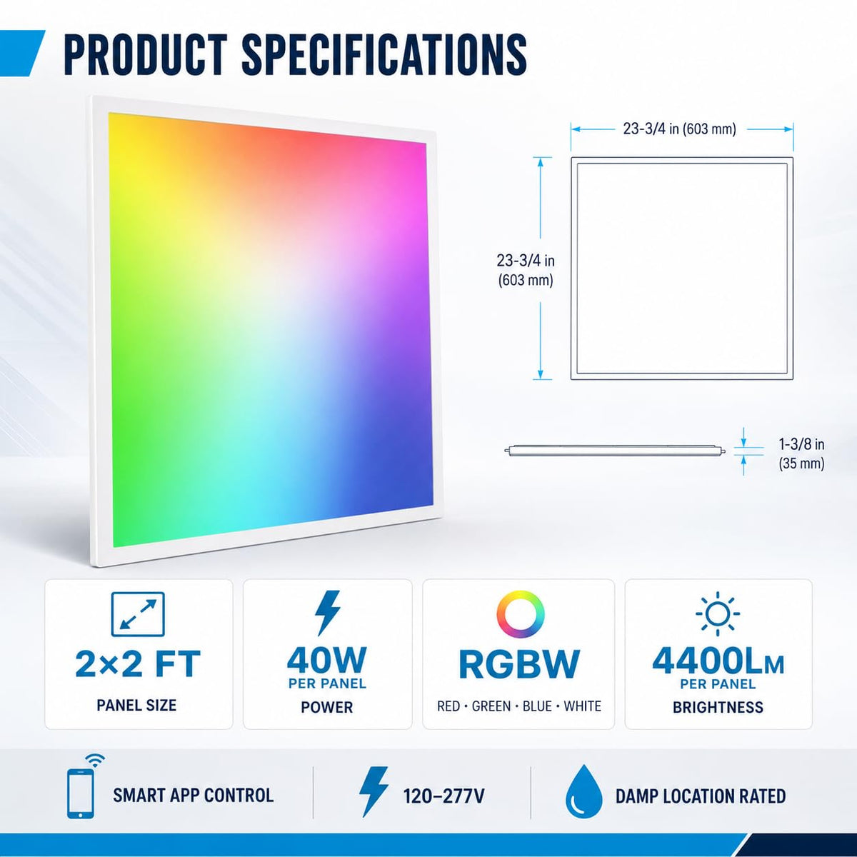 8 Pack 2x2 FT LED RGBW 5000K Multicolor Flat Panel, Light Remote & App Controlled 40W 4400lm Color Changing LED Panel Light Smart Wi-Fi Drop Ceiling Light