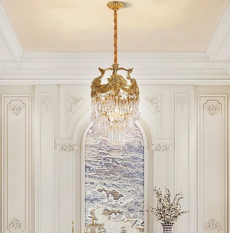 Chandelier, European Luxury Brass Restaurant Chandelier French Classical Retro Bedroom Foyer Crystal Pendant Light(9 Lights D140 H80cm,3-Color Light)