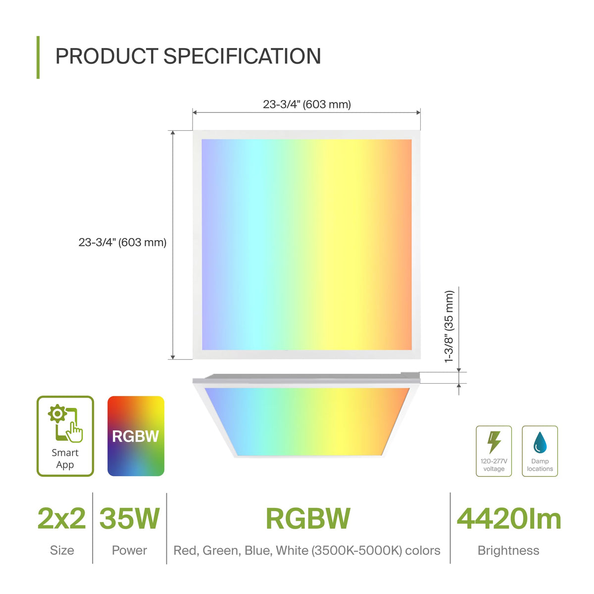 ASD 2x2 RGBW Smart LED Flat Panel Light, 3500K 4000K 5000K UL 2 Pack