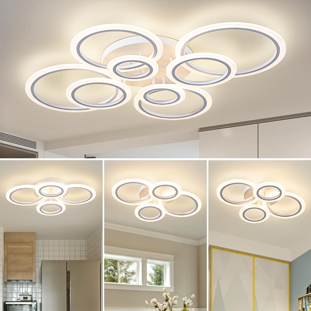 1pc 8 Rings Large Modern LED Ceiling Light with Remote Control with 3pc Small White 4 Rings Ceiling Light Fixture, 3000-6000K Color Temperature Adjustable and Brightness Dimmable