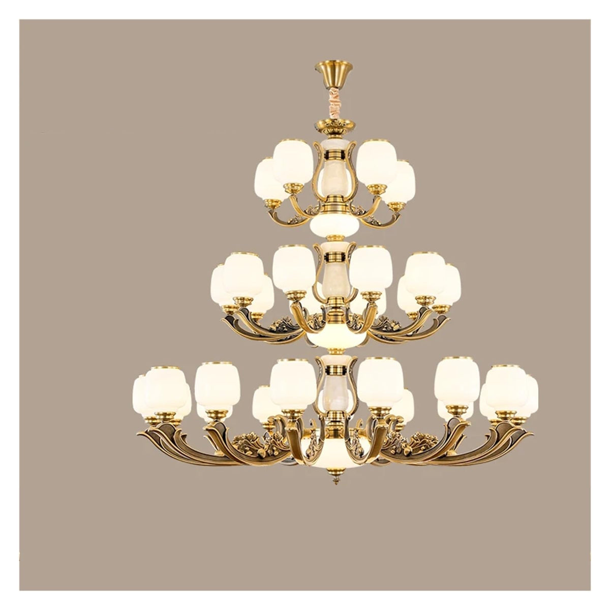 Natural Jade Center Column Glass Lampshade European Chandelier Available for High Ceiling Living Room Dining Room
