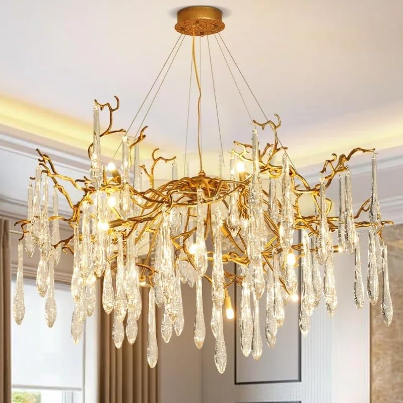 Ceiling Pendant Light, Modern Serip Crystal Tree Branch Chandelier for Living Room Dining Luxury Round Hanging Waterfall Pendant Vila(Round 80cm,Warm White)