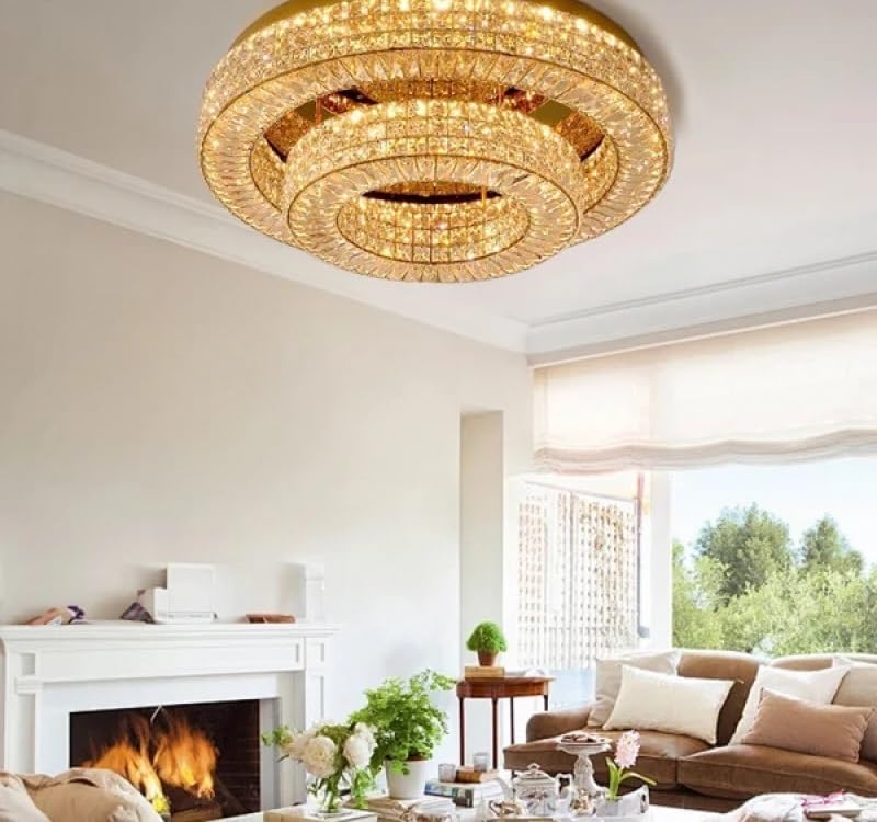 Chandelier, Large Living Room Crystal Gold Ceiling Lamp Led Two Tier Roof Light Fixture Apartment Round Home Decoration Lamparas Lustre(Dia120cm,Dimmable)