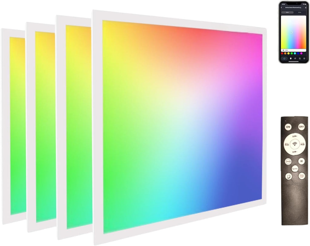 12 Pack 2x2 FT LED RGBW 5000K Multicolor Flat Panel, Light Remote & App Controlled 40W 4400lm Color Changing LED Panel Light Smart Wi-Fi Drop Ceiling Light