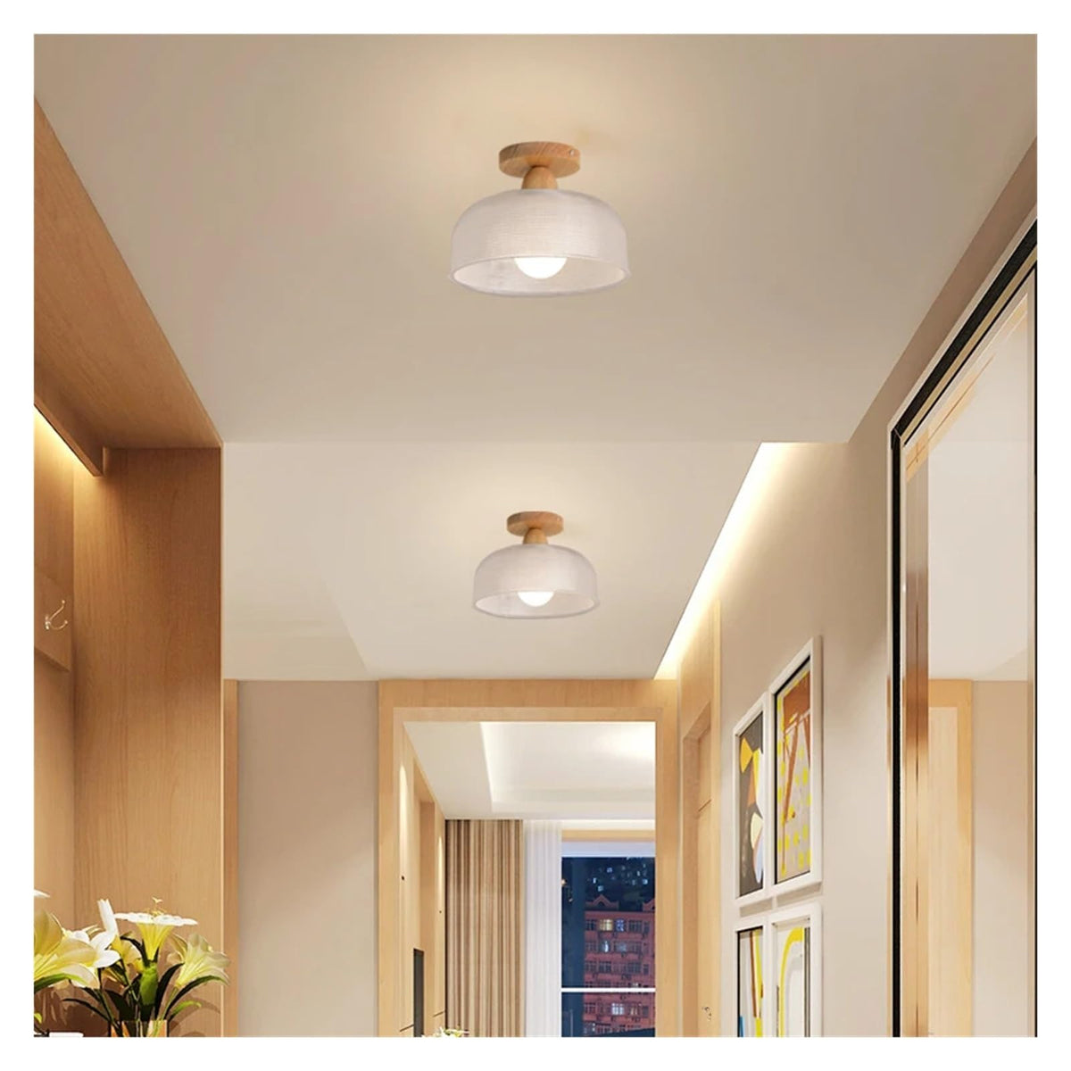 Wooden Ceiling Light Single Head Translucent Glass Lamps Compatible with Residential Entrance Door Balcony Hallway Aisle Illumination