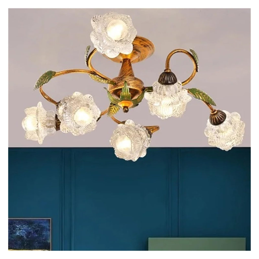 Vintage Flush Mount Ceiling Light Glass Shade Chandelier Antique Iron Metal Fixture,Practical
