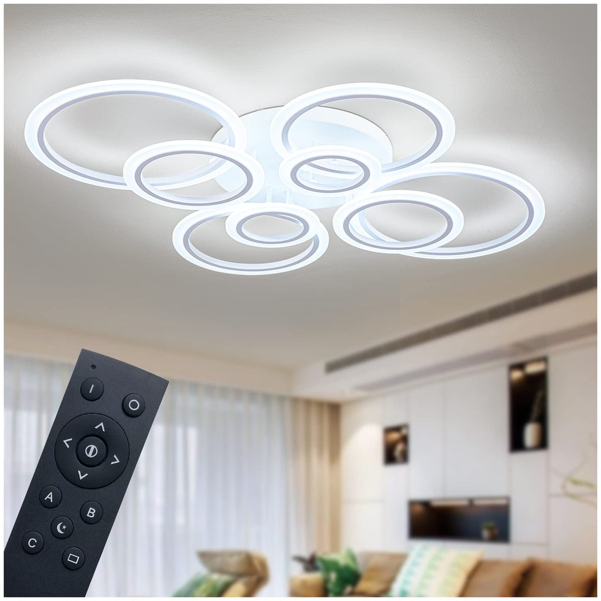 1pc 8 Rings Large Modern LED Ceiling Light with Remote Control with 3pc Small White 4 Rings Ceiling Light Fixture, 3000-6000K Color Temperature Adjustable and Brightness Dimmable