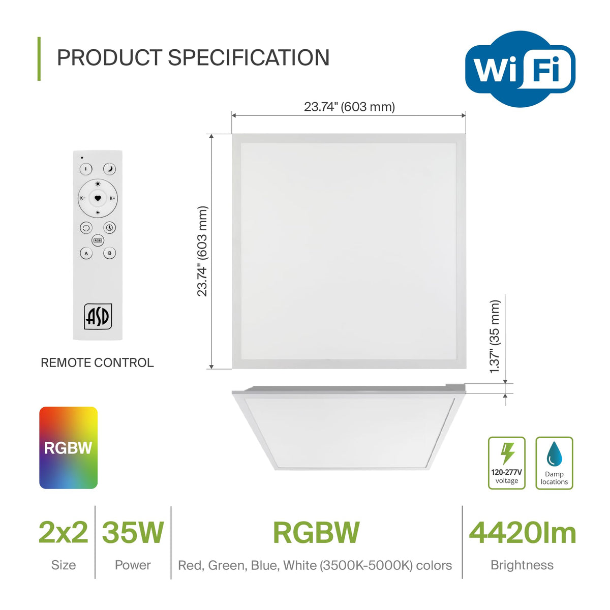 ASD 2x2 Smart RGBW LED Flat Panel Light with Remote Control - 35W UL | 4420LM 3500K 4000K 5000K Selectable Dimmable 2x2 LED Drop Ceiling Light Fixture | Alexa RGB Lights WiFi App Controlled 4 Pack