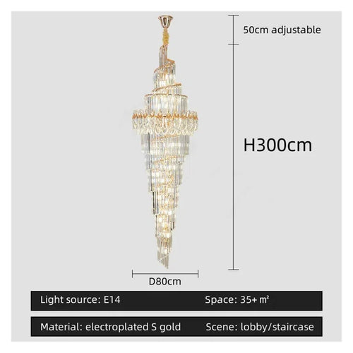 Chandelier, Villa Living Room Chandelier Light Luxury Jump Floor The Loft High-end Duplex Hall Crystal Large High-Rise Staircase(Dia80CM H300CM,Cold_Golden)