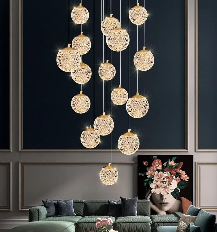 Chandelier, Spiral Staircase Long Chandelier Led Light Luxury Attic Living Room Kitchen Home Decoration Bedroom Ceiling(48 Heads,Tricolor Light)