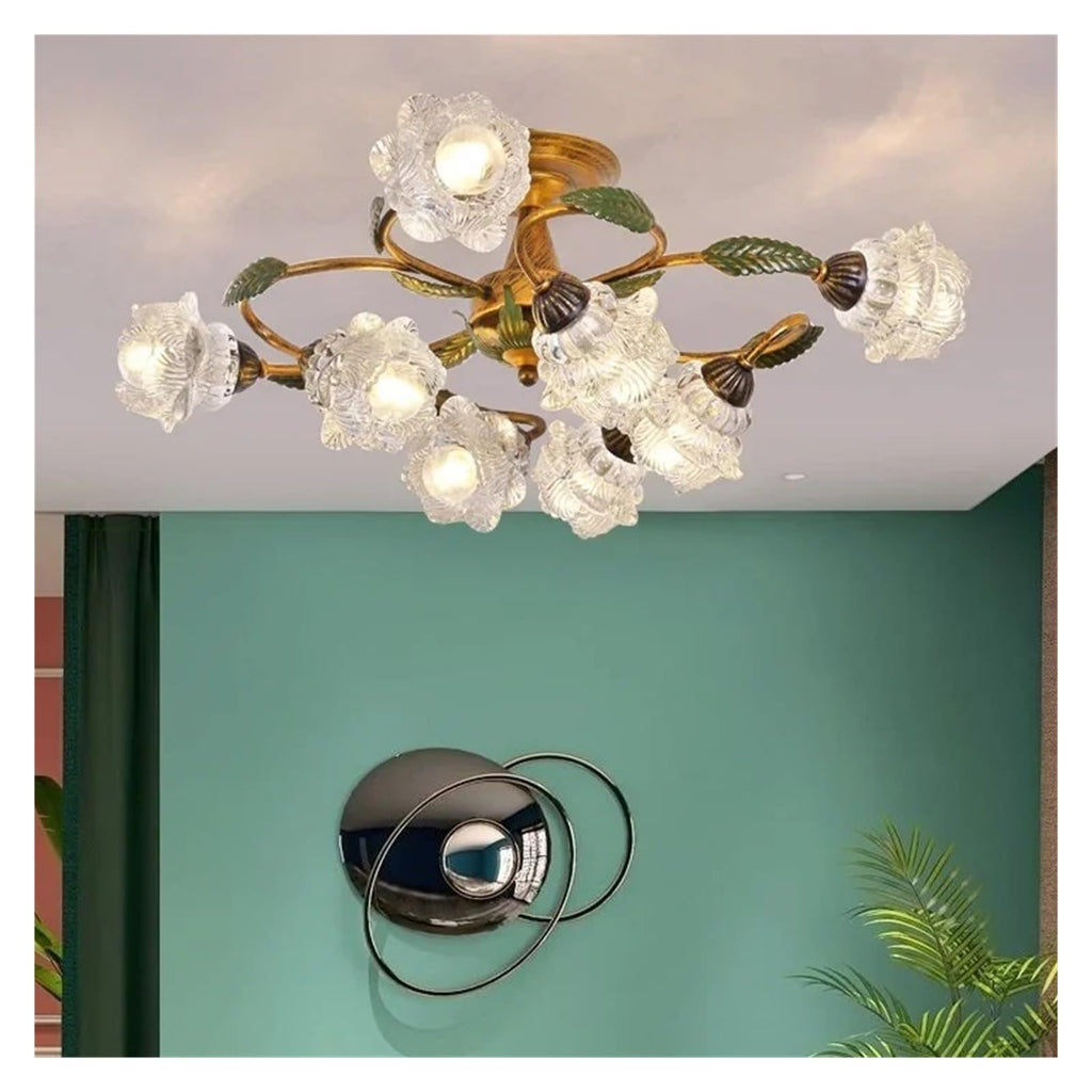 Vintage Flush Mount Ceiling Light Glass Shade Chandelier Antique Iron Metal Fixture,Practical