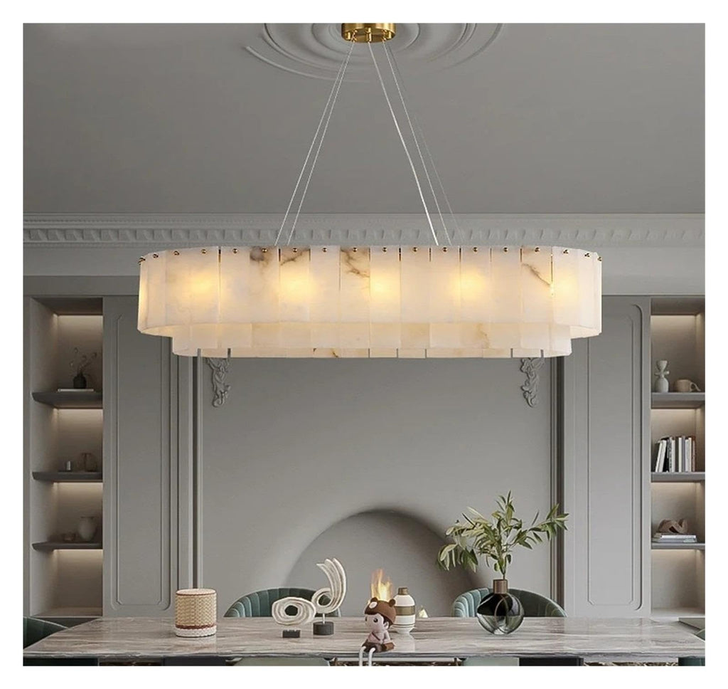 Round Drum Natural Alabaster Chandelier, Modern Marble Shade Pendant Light
