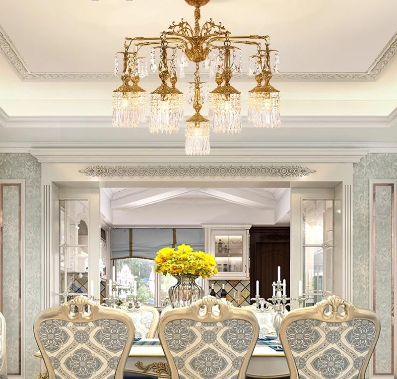 Modern Chandelier, V-intage Living Dining Room Copper Pendant Light French Romantic Style Led Crystal Brass Chandelier(9lights D82 H70cm)