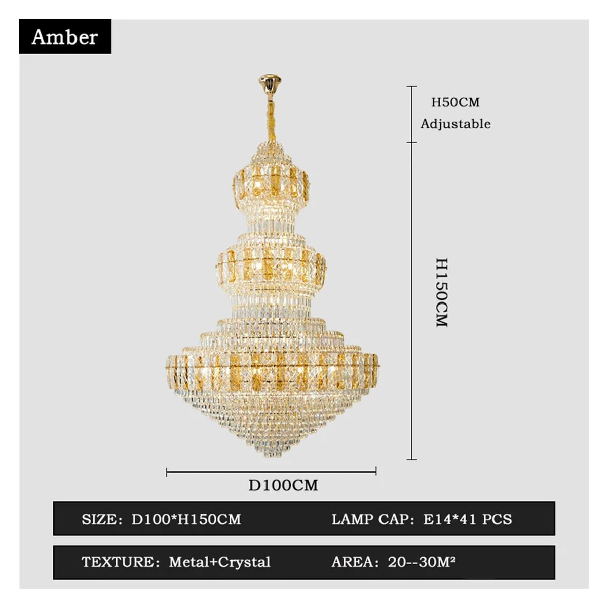 Modern Chandelier, Crystal Duplex Building Headlight Living Room Light Luxury European Villa Jump Floor Lift Empty Hotel Lobby(Amber-D100CM,Warm Light)