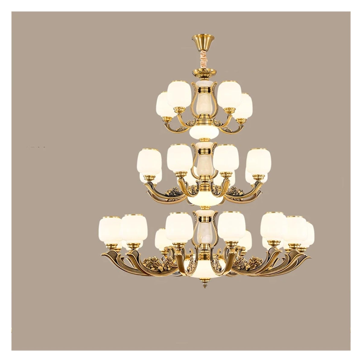 Natural Jade Center Column Glass Lampshade European Chandelier Available for High Ceiling Living Room Dining Room