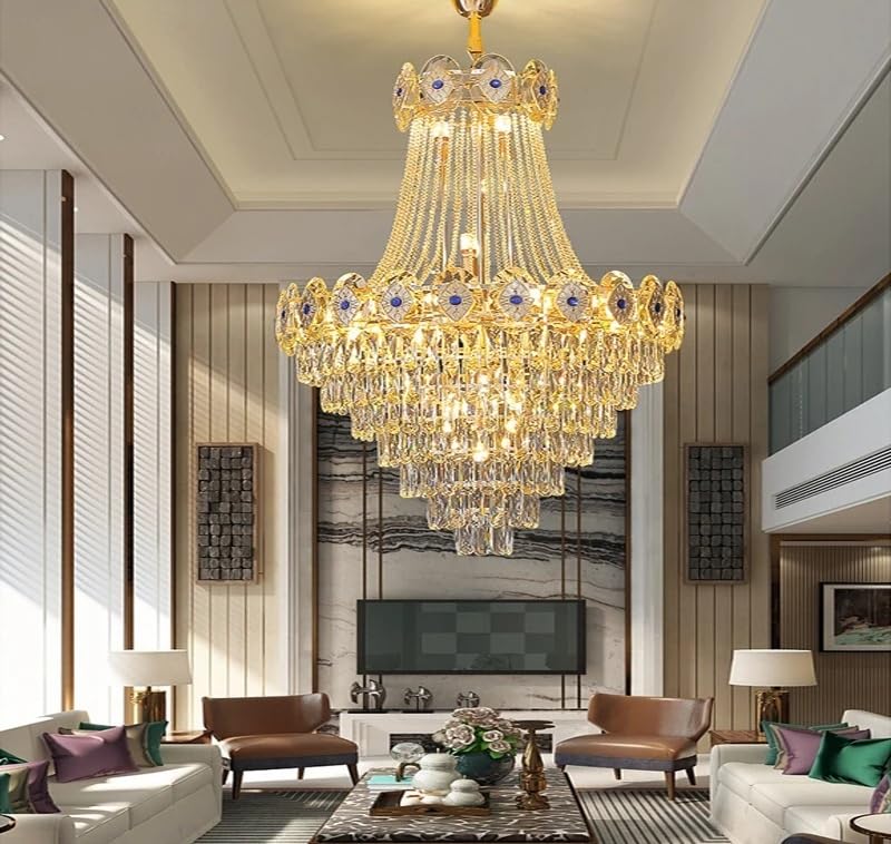 Modern Chandelier, Nordic Crystal Luxury Stair Lights Dimmable LED Gold Round Chandelier Modern Suspension Lustre Hanging Lamp Home Decor(100x160 cm,Dimmable+D35x155)