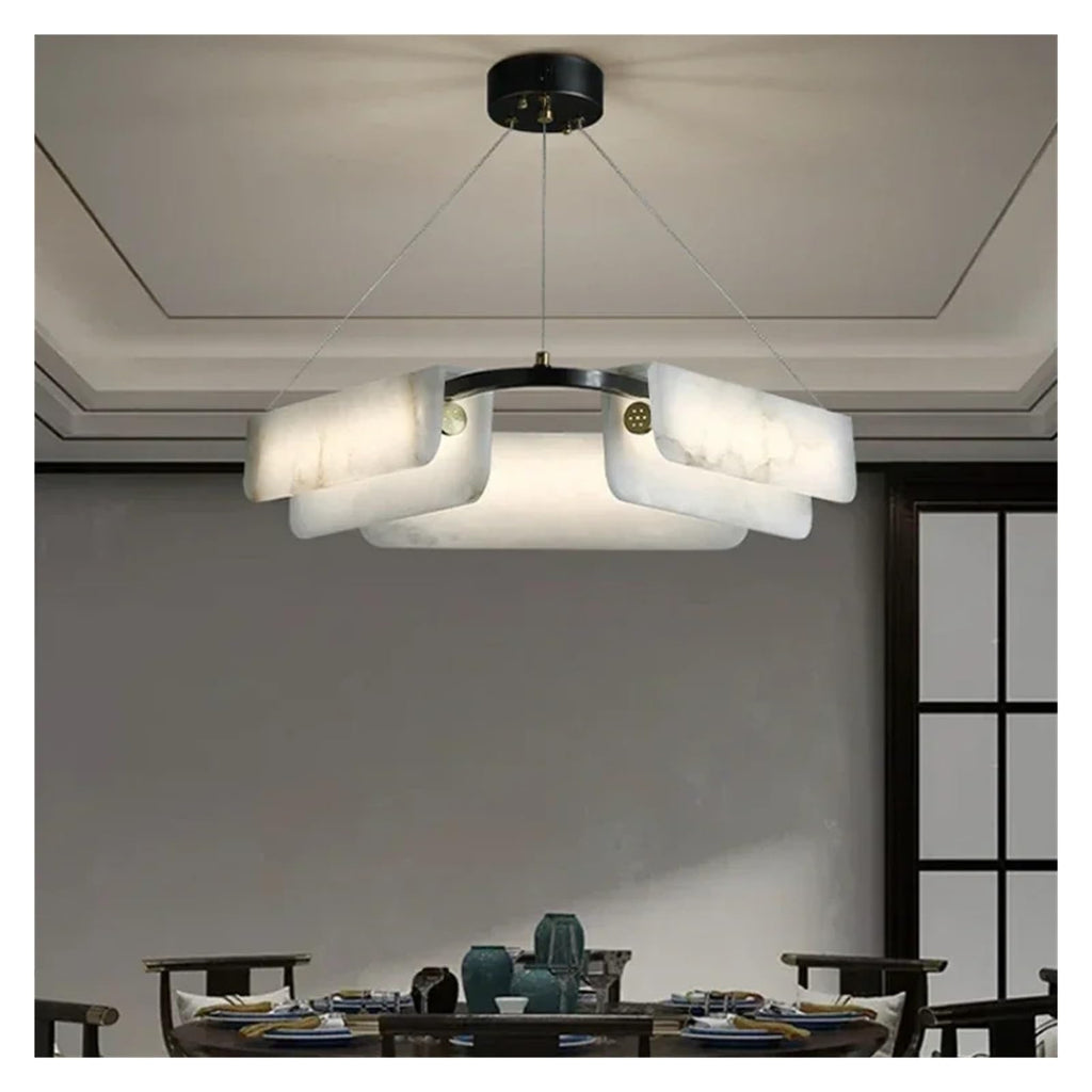 Nordic Minimalist Marble Full Copper Chandeliers with White Marble Lustre, Villa Lighting for Living Room, Home Decoration