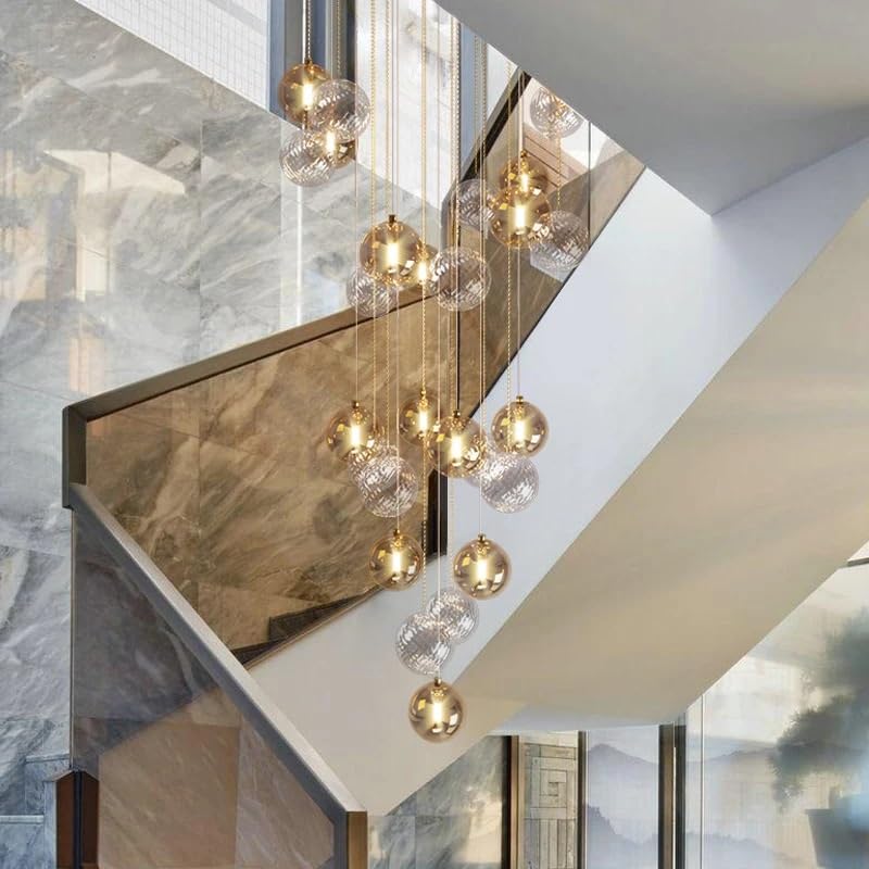 Chandelier Light, Modern Colorful Chandelier Revolving Staircase Pendant Light Luxury Glass Ball Hollow Loft Duplex Building Large(50 Balls,Tricolor Light)
