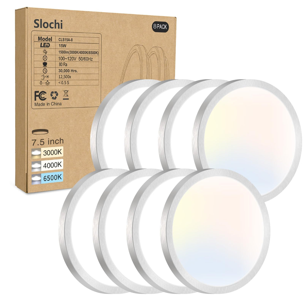 8PACK LED Flush Mount Ceiling Light Fixture, 3000K-4000K-6500K & 150W Equivalent Modern Kitchen Recessed Ceiling Lamp 24W 3200Lm 12Inch Closet Round Surface for Bathroom Laundry Bedroom Hallway