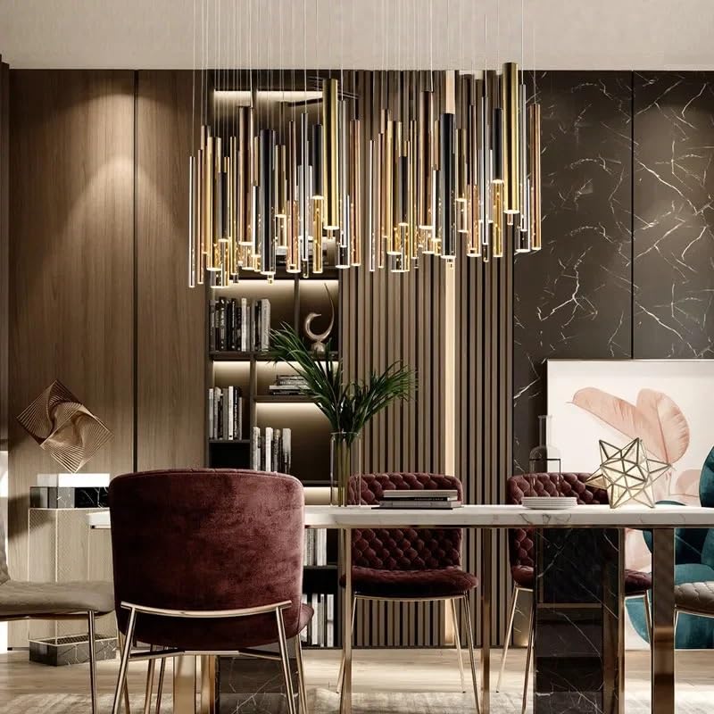 Postmodern Light Luxury Restaurant Art Chandelier Nordic Simple Creative Cylindrical Metal Long Barrel Wind Chime Lighting(Cold White,L120cm-39 Heads)