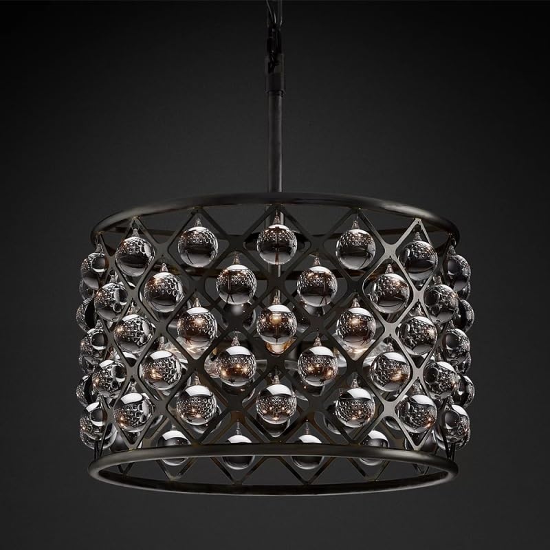 Retro Round Chandelier for Living Room Black Clear Glass Drops Pendant Hanging Light Fixture,Hanging Light(Tall Dia900mm)