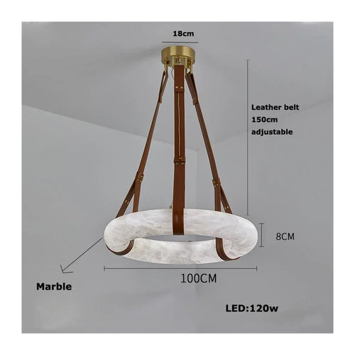 Chandelier LED Classic Marble Ring Brown Leather Belt Hanging Lamps Lustre Pendant Light Suspension Luminaire Lampen,Soft Light