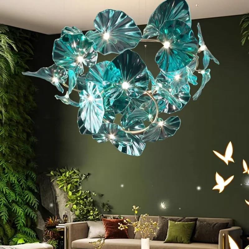 Chandelier Designed with Green Glass Leaves Art Pendant Lights for Island Hotel Restaurant Chandeliers Led Hanging Ceiling Lamp(Warm White,B 150CM)