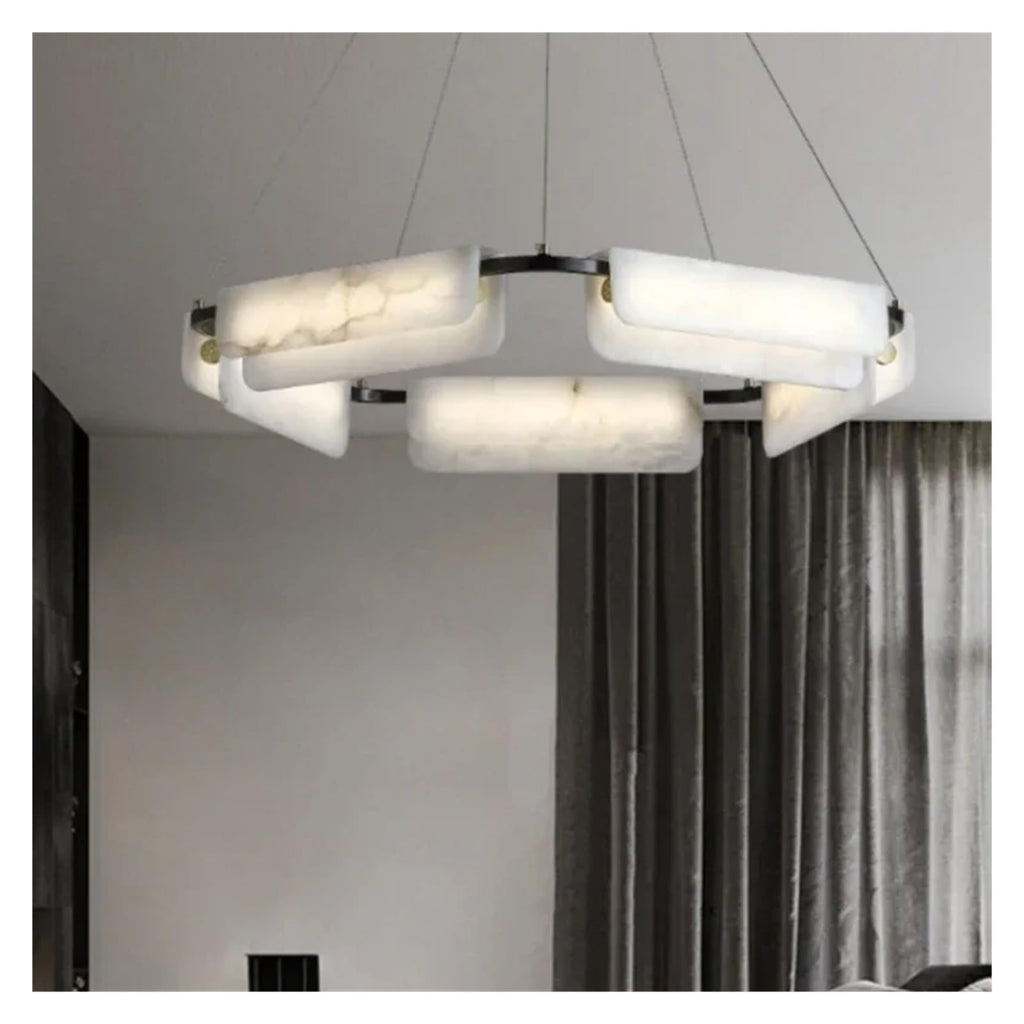 Nordic Minimalist Marble Full Copper Chandeliers with White Marble Lustre, Villa Lighting for Living Room, Home Decoration