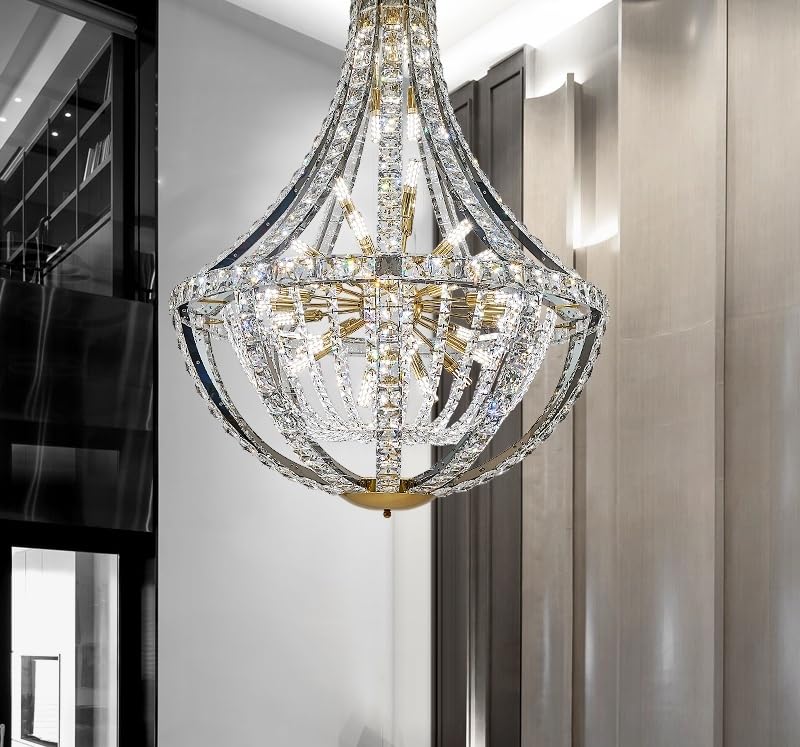 Modern Chandelier, Duplex Crystal Chandelier Villa Empty Living Room Main Light Modern Simple Creative Hotel Lobby Middle Floor High-End Lighting(D80CM H104CM,3 Changeable Color)