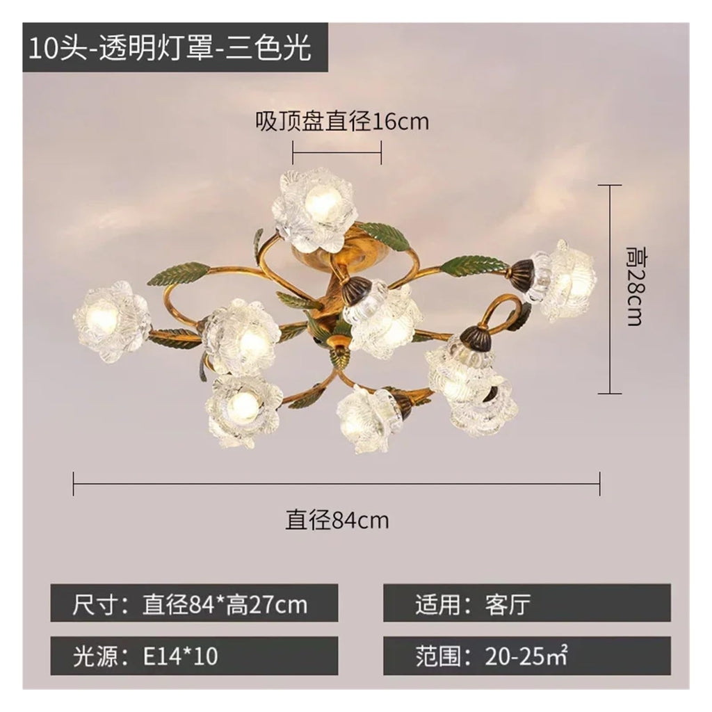 Vintage Flush Mount Ceiling Light Glass Shade Chandelier Antique Iron Metal Fixture,Practical