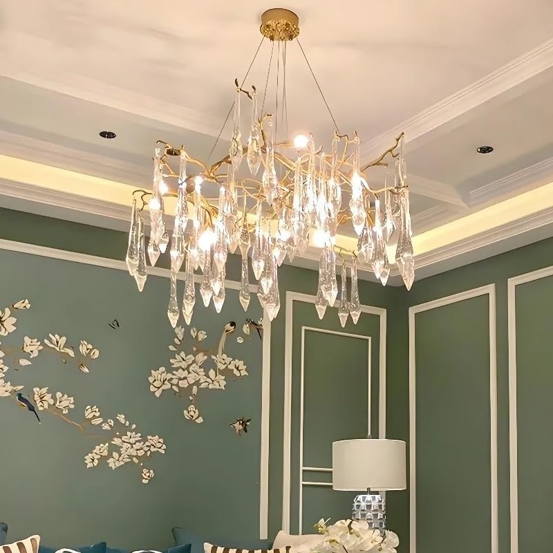 Ceiling Pendant Light, Modern Serip Crystal Tree Branch Chandelier for Living Room Dining Luxury Round Hanging Waterfall Pendant Vila(Round 80cm,Warm White)