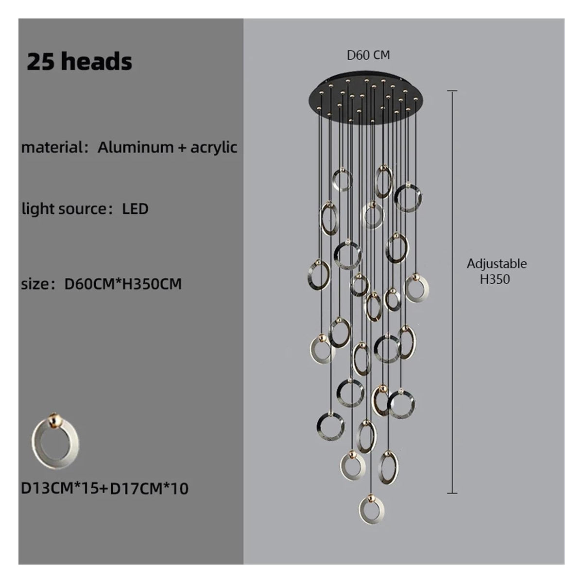 Multi Ring Spiral Suspended Fixture Round Canopy Hanging Decor ,Classic