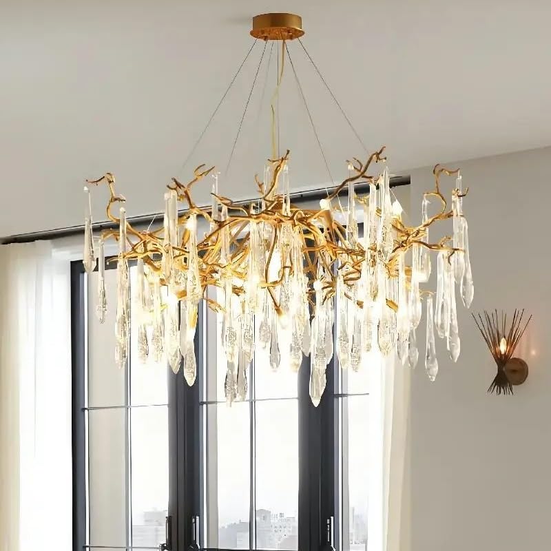 Ceiling Pendant Light, Modern Serip Crystal Tree Branch Chandelier for Living Room Dining Luxury Round Hanging Waterfall Pendant Vila(Round 80cm,Changeable)