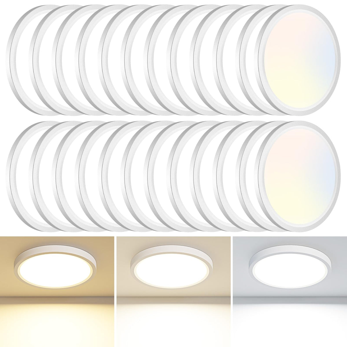 8PACK LED Flush Mount Ceiling Light Fixture, 3000K-4000K-6500K & 150W Equivalent Modern Kitchen Recessed Ceiling Lamp 24W 3200Lm 12Inch Closet Round Surface for Bathroom Laundry Bedroom Hallway