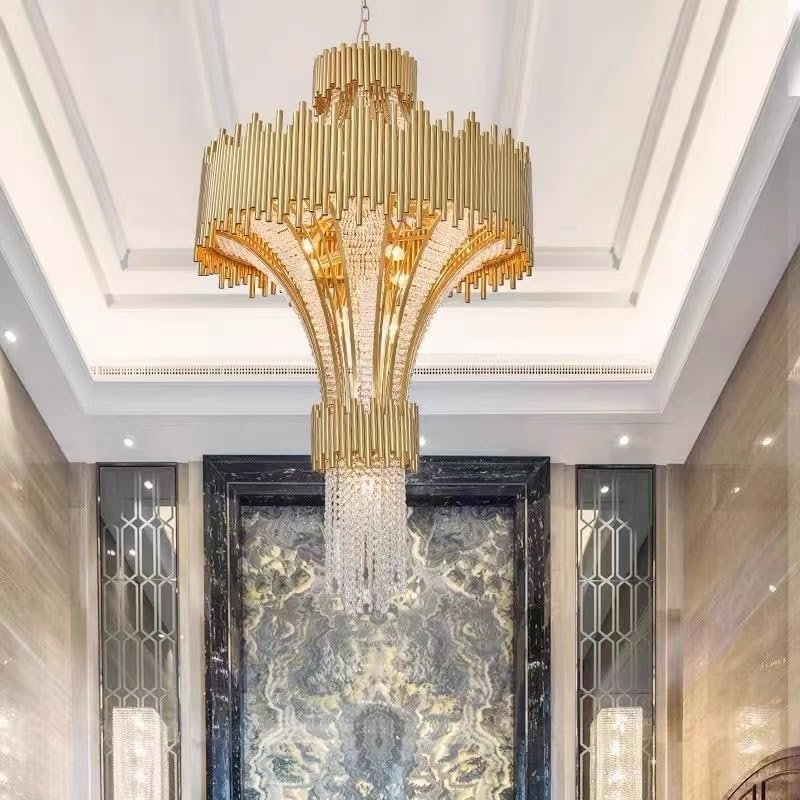 Chandelier, Duplex Building Villa Deluxe Crystal Chandelier Stair Hotel Lobby Project LED Penthouse for Living Room(Natural Light,D60xH120CM)