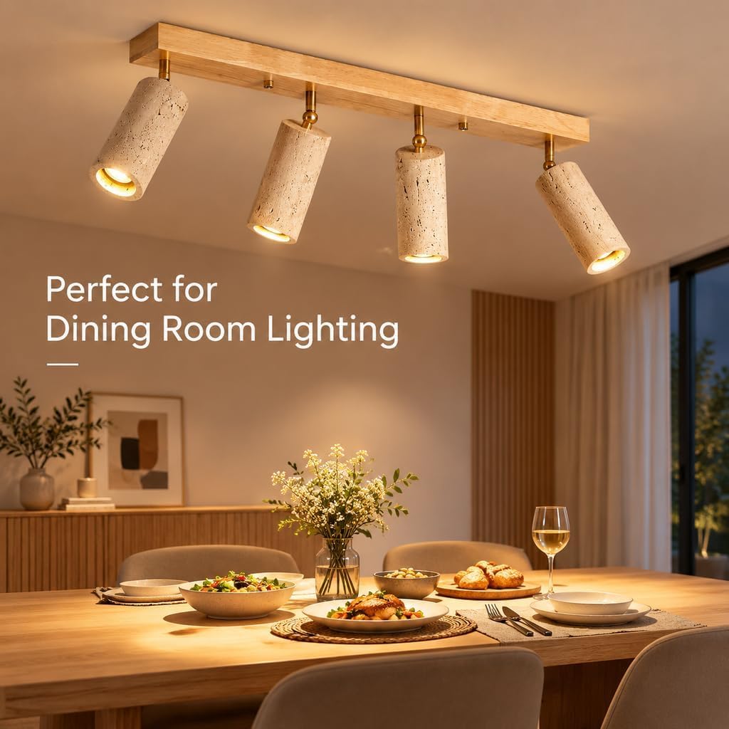 4 Light Yellow Travertine LED Ceiling Fixture with Wood Base 110V