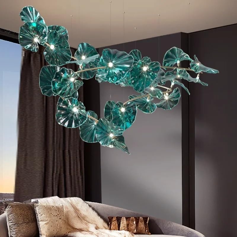 Chandelier Designed with Green Glass Leaves Art Pendant Lights for Island Hotel Restaurant Chandeliers Led Hanging Ceiling Lamp(Warm White,B 150CM)