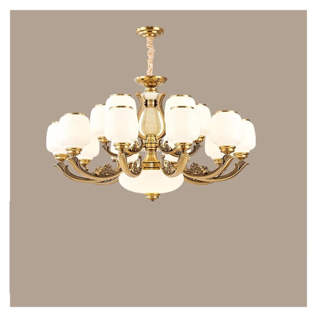 Natural Jade Center Column Glass Lampshade European Chandelier Available for High Ceiling Living Room Dining Room