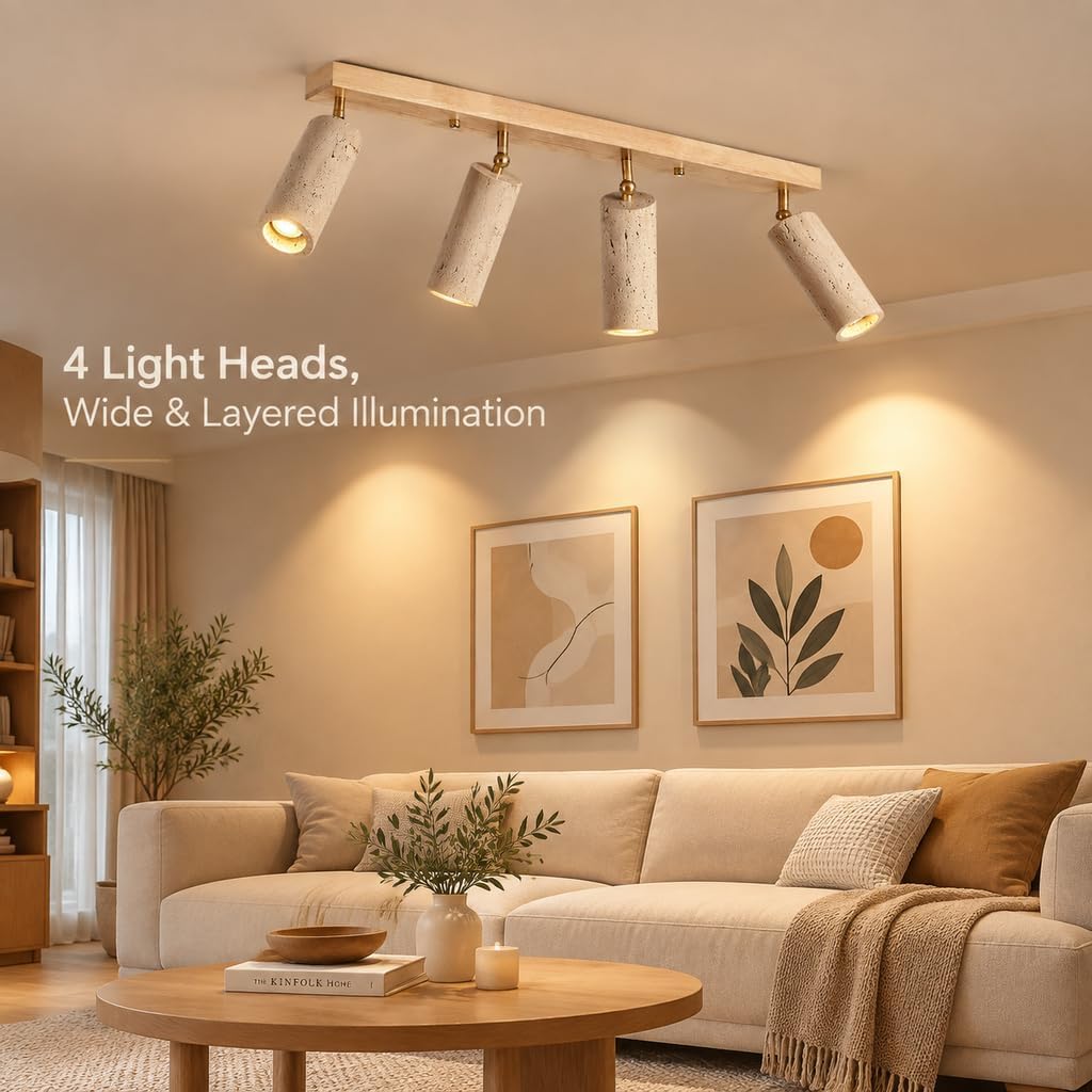Yellow Travertine Ceiling Light, 4 Head LED Flush Mount Lamp with Wood Base