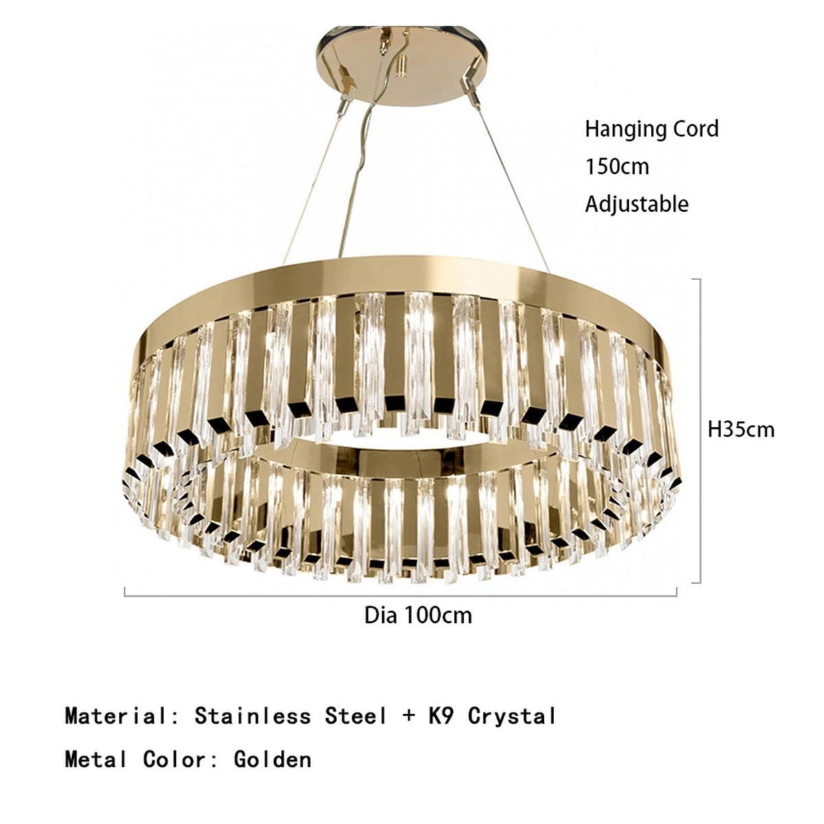 Ring Gold Crystal Chandelier Circular Long Prism Light ,household
