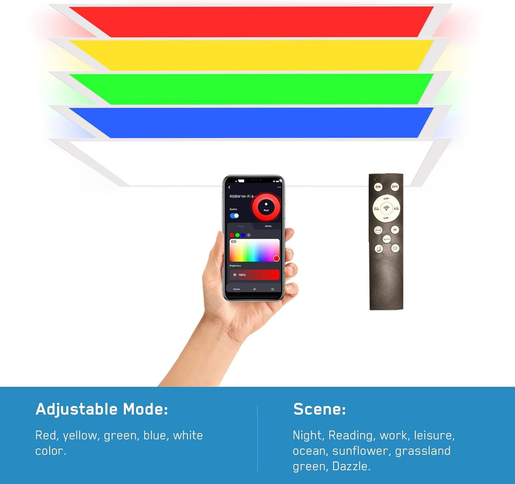 2x2 FT LED RGBW 5000K Multicolor Flat Panel Light Remote & App Controlled 40W 4400lm Color Changing LED Panel Light Smart Wi-Fi Drop Ceiling Light with Alexa/Google Assistant (4 Pack)
