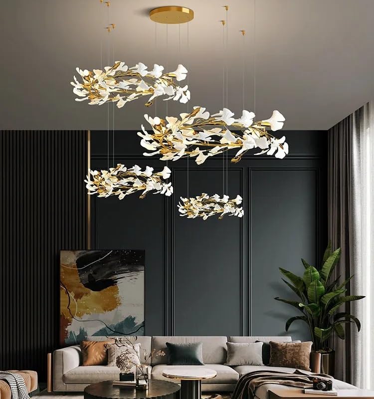Ceiling Pendant Light, Round Ginkgo Leaf Chandelier Ring for Duplex Staircase Living Room Long Gold Hanging for High Ceiling Vila Hotel(Cold White,D80 100 120CM)