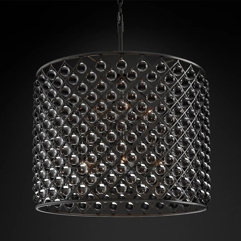 Retro Round Chandelier for Living Room Black Clear Glass Drops Pendant Hanging Light Fixture,Hanging Light(Tall Dia900mm)