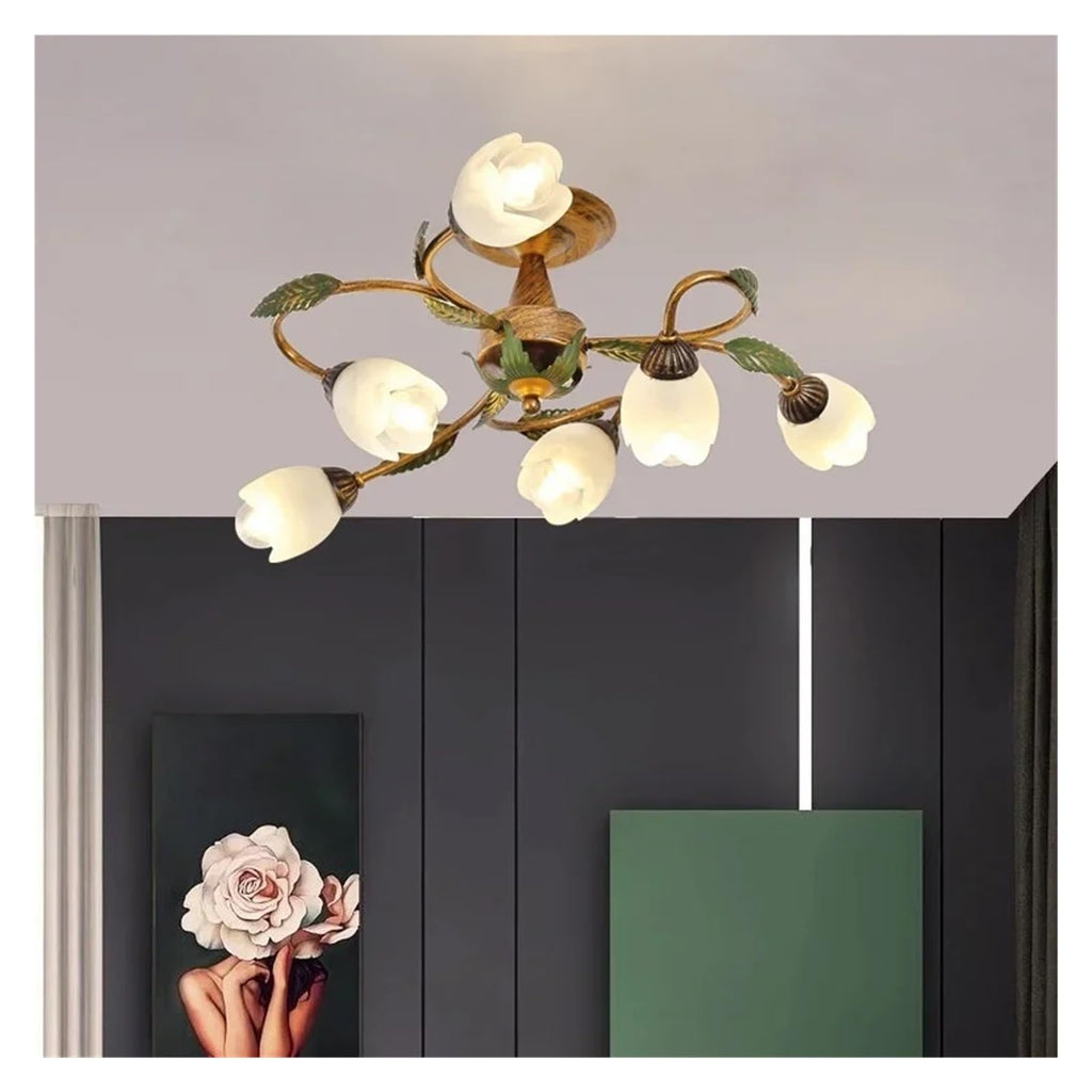 Vintage Flush Mount Ceiling Light Glass Shade Chandelier Antique Iron Metal Fixture,Practical