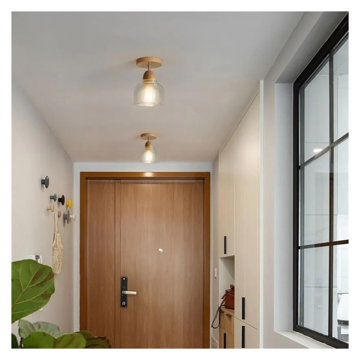 Wooden Ceiling Light Single Head Translucent Glass Lamps Compatible with Residential Entrance Door Balcony Hallway Aisle Illumination